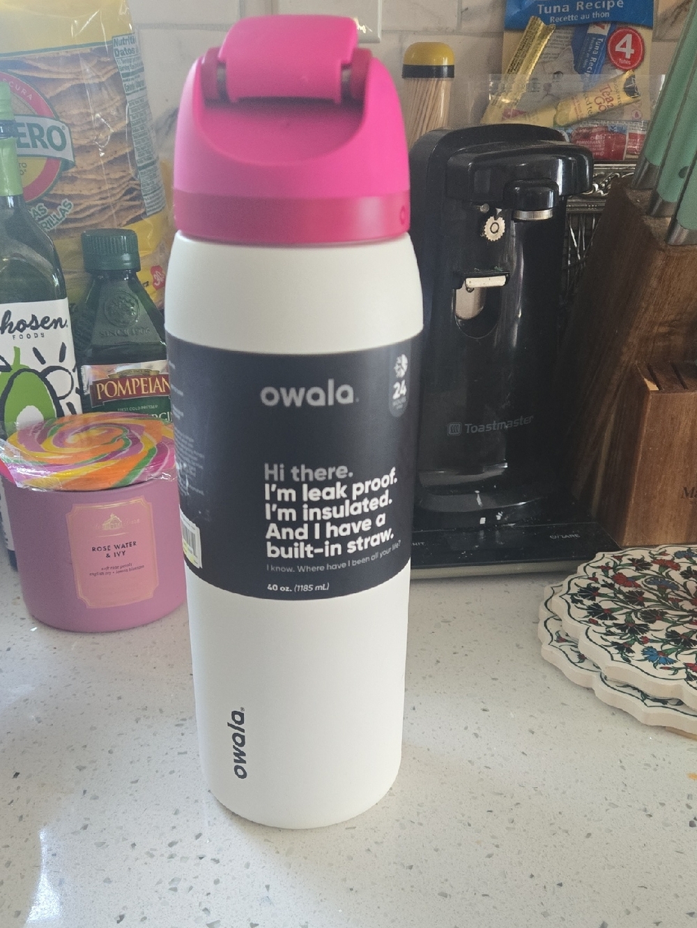 Owala 40oz Insulated Water Bottle - White with Pink Lid